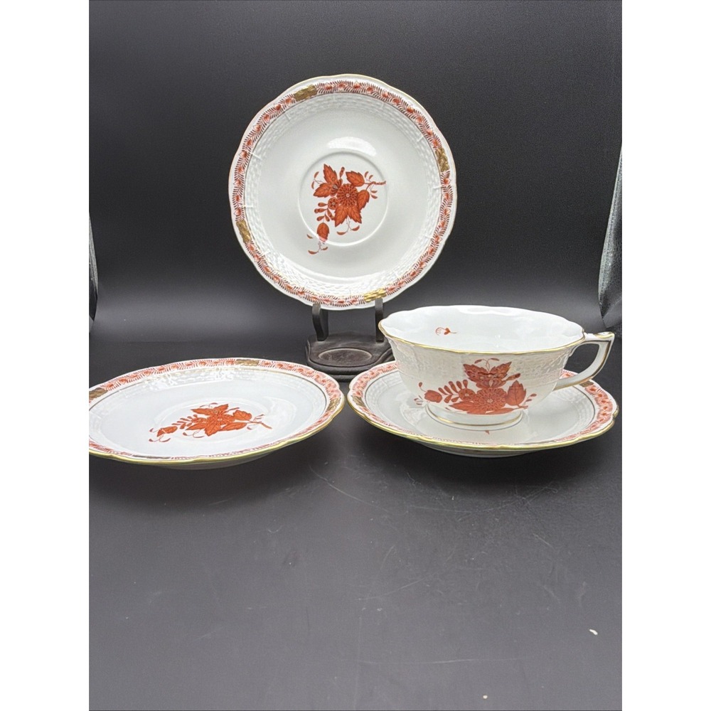Herend Apponyi Orange Chinese Bouquet 4pc Teacup & Saucers Porcelain Hungary